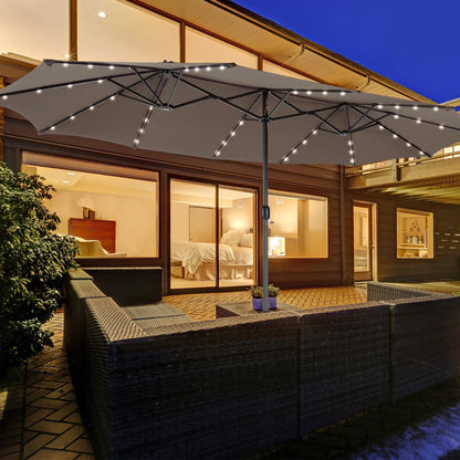 Costway 15FT Twin Patio Double-Sided Umbrella 48 Solar LED Lights Crank Outdoor Beige