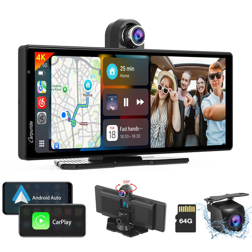 Carpuride Wireless Carplay Android Auto with 4K Front Dash Cam  1080P Rear Cam,10.26" HD IPS Touch