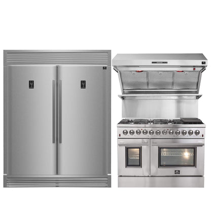 FORNO Premium 3-Piece Kitchen Bundle - FORNO Galiano 48" Freestanding Dual Fuel Range, FORNO Rizzuto 60" W. Dual Combo Convertible Refrigerator, FORNO 48" Wall Mount Range Hood - FBDL-017-02US