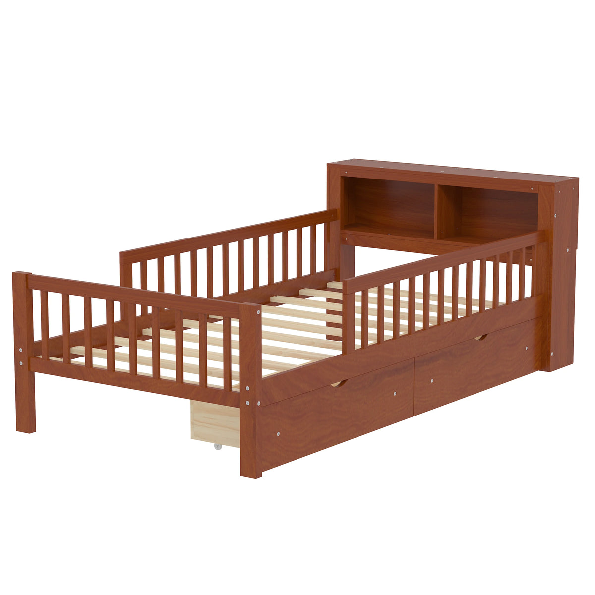Euroco Wood Twin Size Platform Bed with Storage Headboard and Drawers, Low Profile Bed with Guardrails for Kids and Toddlers, White