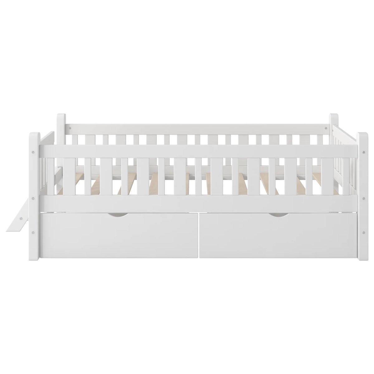 Euroco Wood Twin Size Platform Bed with 2 Drawers and Ladder for Kids and Toddlers, White
