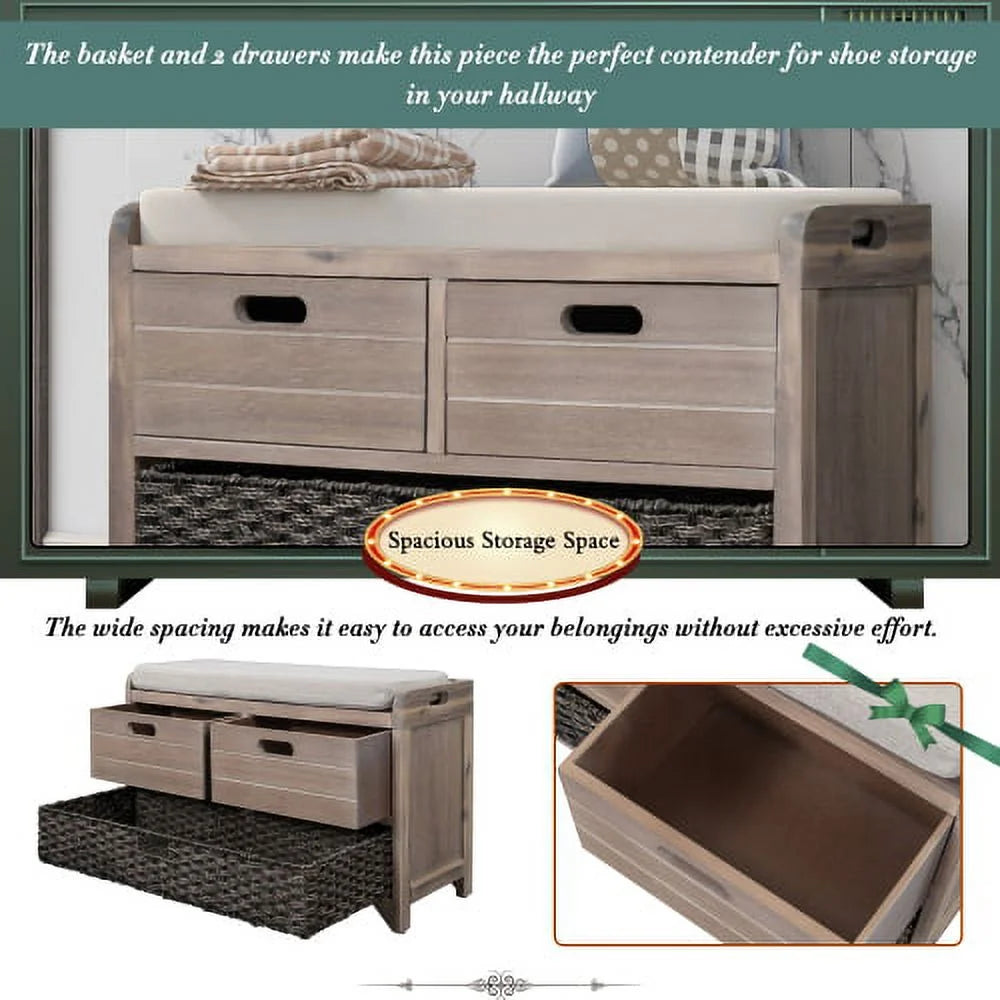 Solid Wood Storage Bench, Narrow Entryway Bench with 2 Drawers and Removable Basket, Classic Accent Shoe Bench with Storage and Removable Cushion for Hallway Living Room, Fully Assembled, Navy