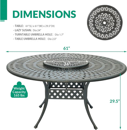VIVIJASON Outdoor 61" Patio Dining Table for 6-8 Person, Large Patio Round Dining Table with 24" Lazy Susan, Dark Bronze Cast Aluminum Rustic Patio Table W/Umbrella Hole for Balcony, Porch and Deck