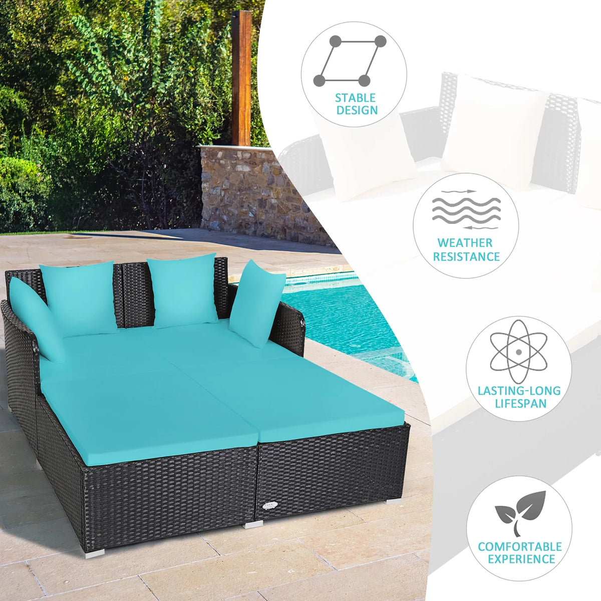 Costway Outdoor Patio Rattan Daybed Pillows Cushioned Sofa Furniture Beige