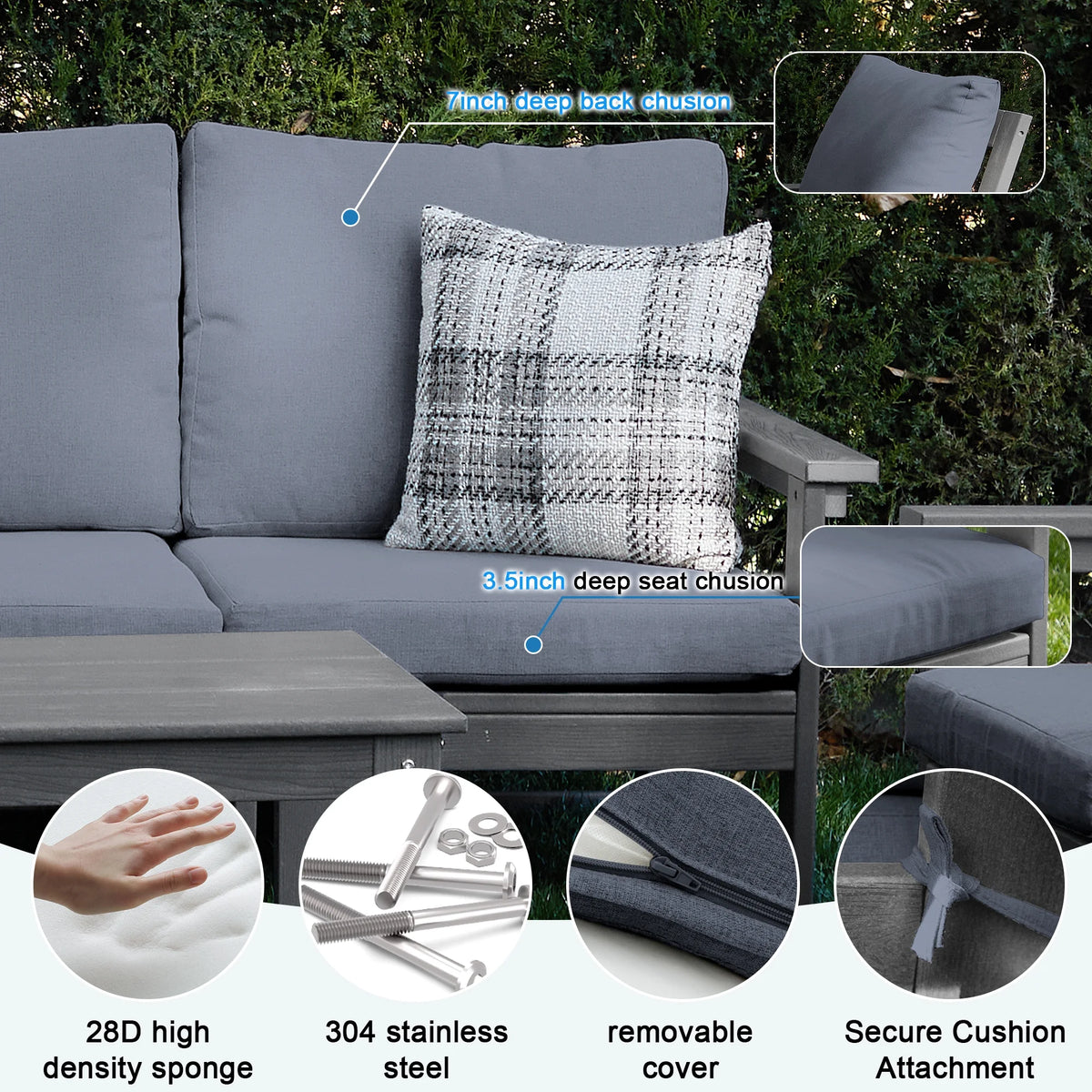 SERWALL Outdoor Patio Furniture Set, 7-Piece HDPE Outdoor Sofa Set Patio Conversation Set, Black Frame with Beige Cushions