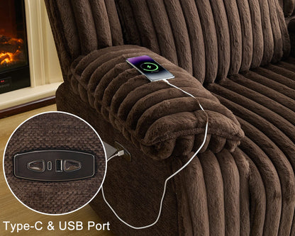 Power Reclining Sectional Sofa with Wireless Charger,6-Seater Faux Fur Sectional with Recliners,Hidden Cup Holders,Storage Console,USB & Type-C Ports,Black