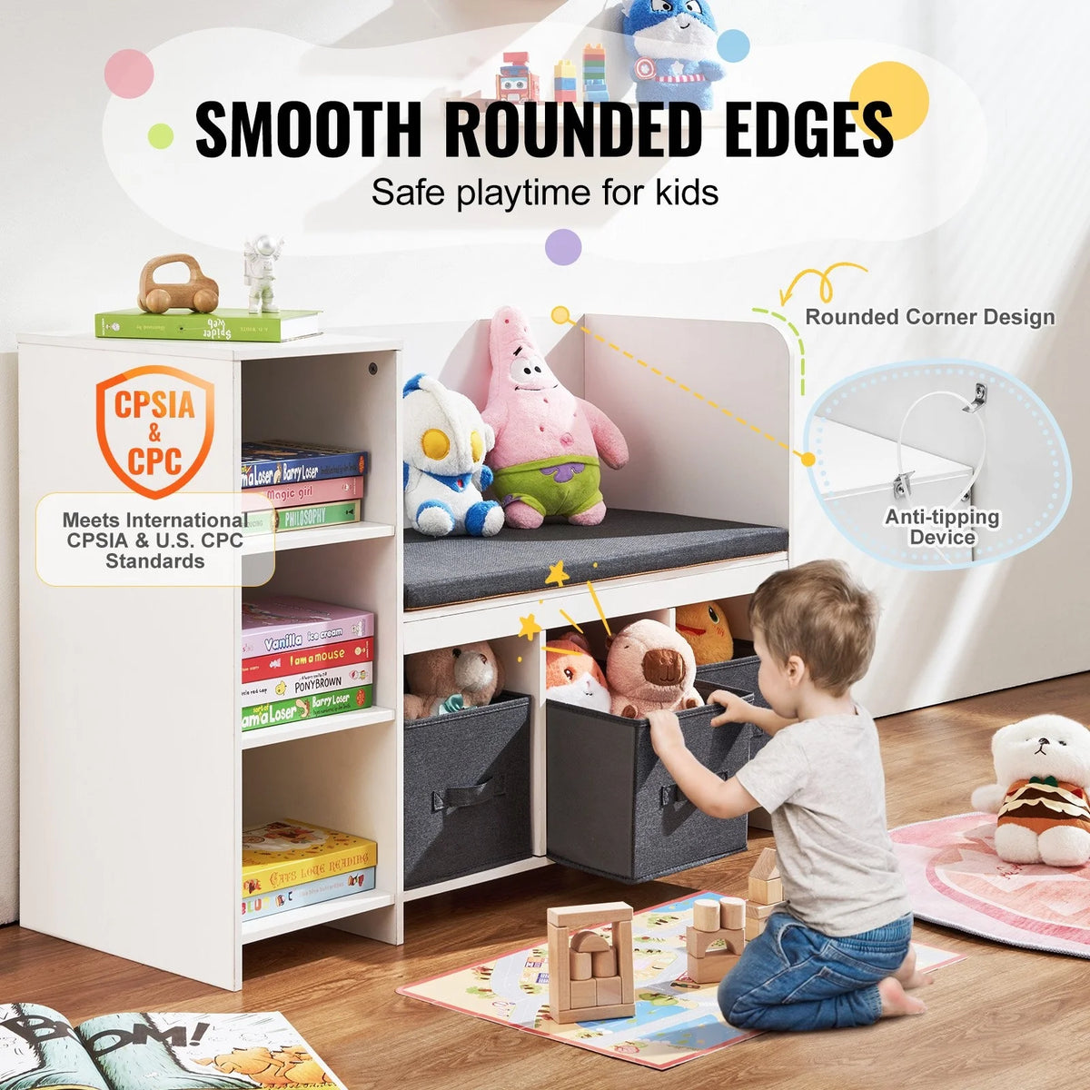 Kids Reading Nook Bench with 6-Cubby Storage, 3 Drawers & Removable Cushion, Toddler Bookshelf Organizer for Playroom Bedroom Living Room Entryway, White Wooden Toy Chest