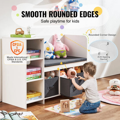 Kids Reading Nook Bench with 6-Cubby Storage, 3 Drawers & Removable Cushion, Toddler Bookshelf Organizer for Playroom Bedroom Living Room Entryway, White Wooden Toy Chest