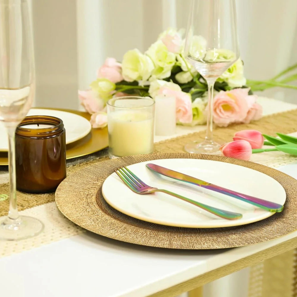 Antique Gold 13" Charger Plates - 100-Pack Plastic Dinnerware for Weddings, Holiday Tablescapes & Luxury Events