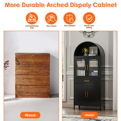 SUPEER Metal Arched Storage Display Cabinet with Glass Doors and Adjustable Shelves, Lockable Cabinet, Assembly Required, Black
