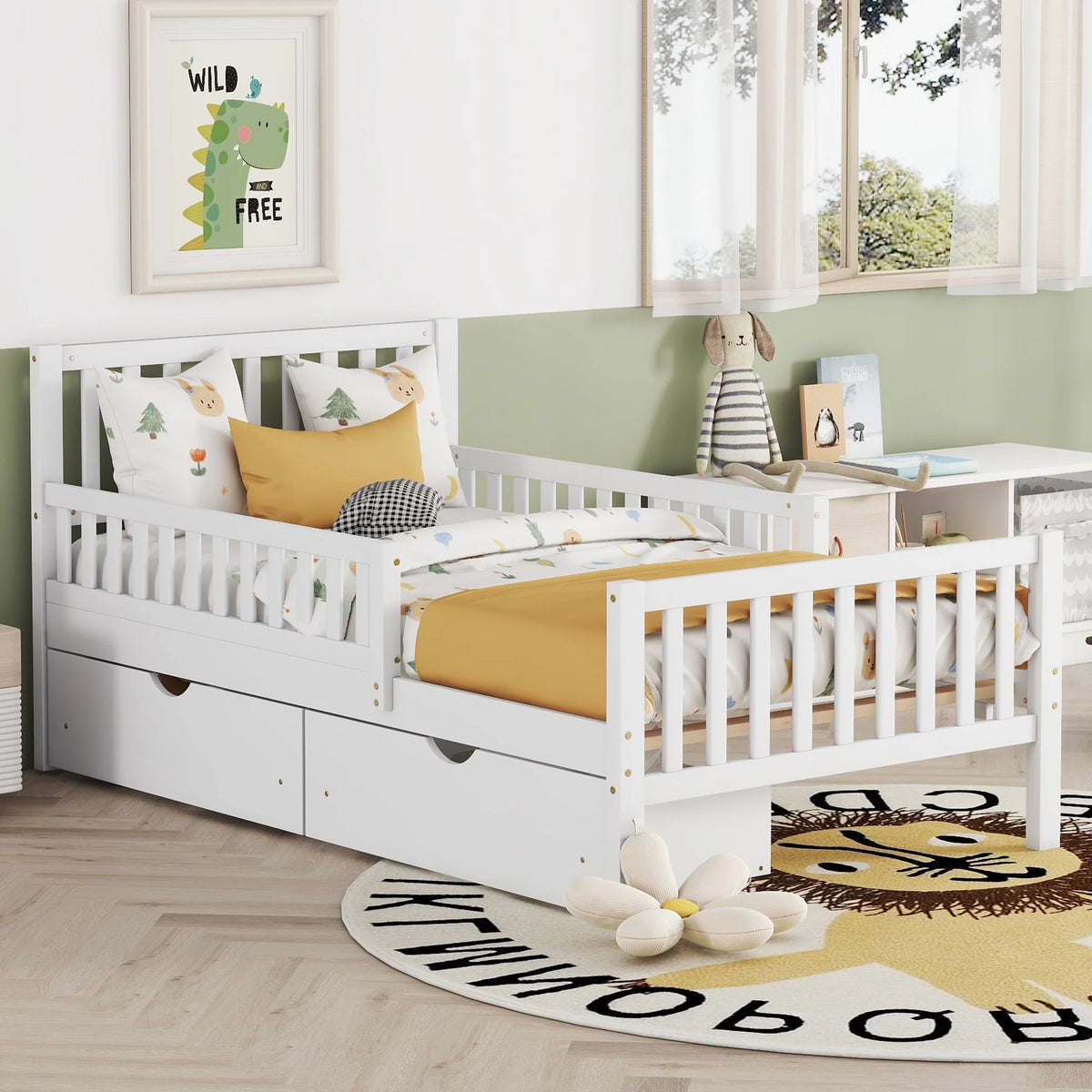Bellemave Twin Bed with Storage Drawers and Fence Rails, Wood Platform Beds Frame with Headboard, Twin Size Storage Bed for Kids Boys Girls Teens��White)