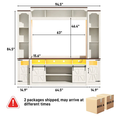 Farmhouse Wall Unit TV Stand with Storage for TVs up to 75", Large Entertainment Center with Bookshelves, LED Light & Power Outlet for Living Room