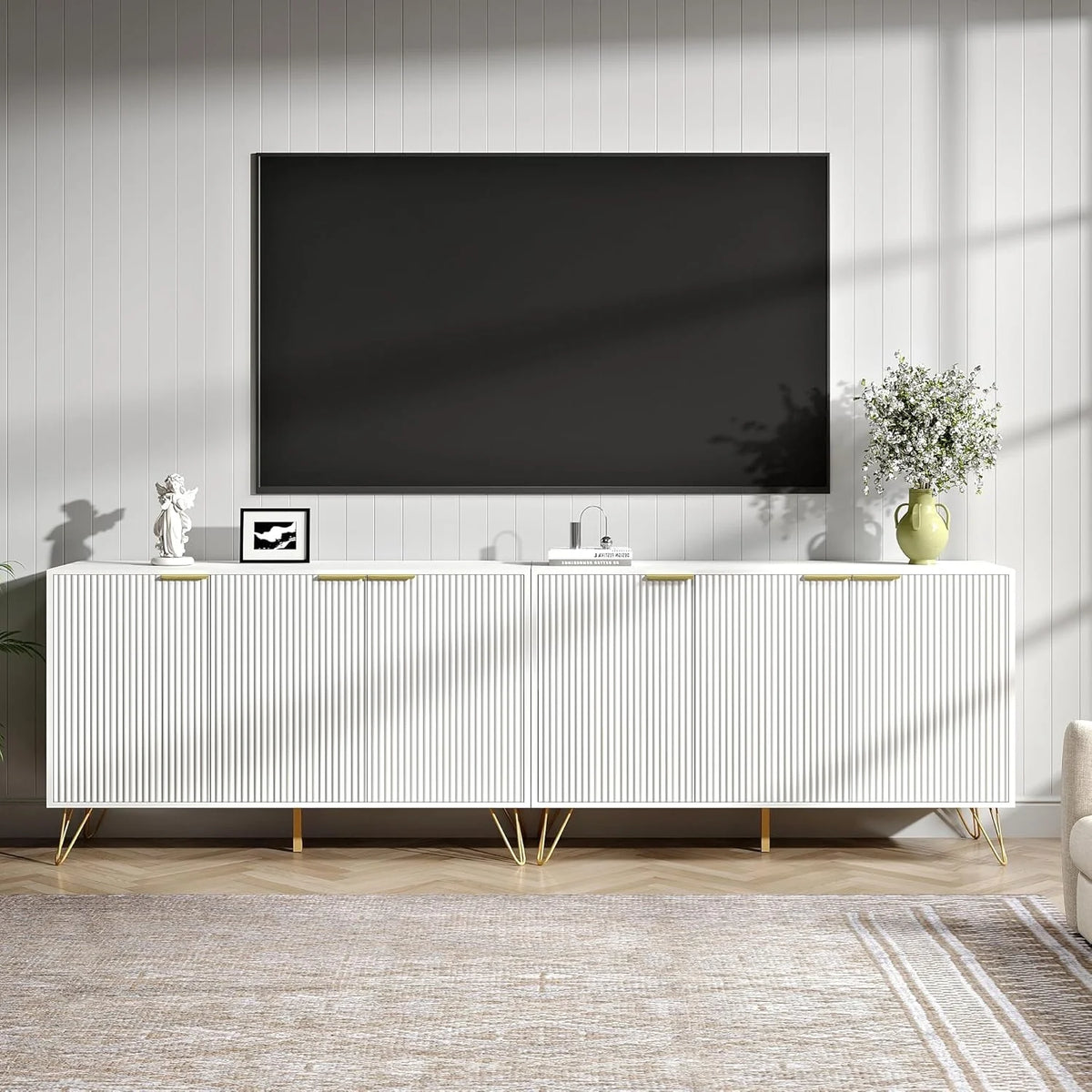 Fluted TV Stand for 100 Inch TV, Modern TV Stand Console, White Entertainment Center with Storage Cabinets, Adjustable Shelves & Gold Handles, Wood Media Cabinet for Living Room