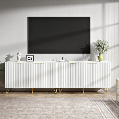 Fluted TV Stand for 100 Inch TV, Modern TV Stand Console, White Entertainment Center with Storage Cabinets, Adjustable Shelves & Gold Handles, Wood Media Cabinet for Living Room