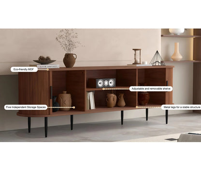 HLR 70" Mid Century TV Stand With Tambour Door For TVs Up To 80", Entertainment Center With Storage, Brown