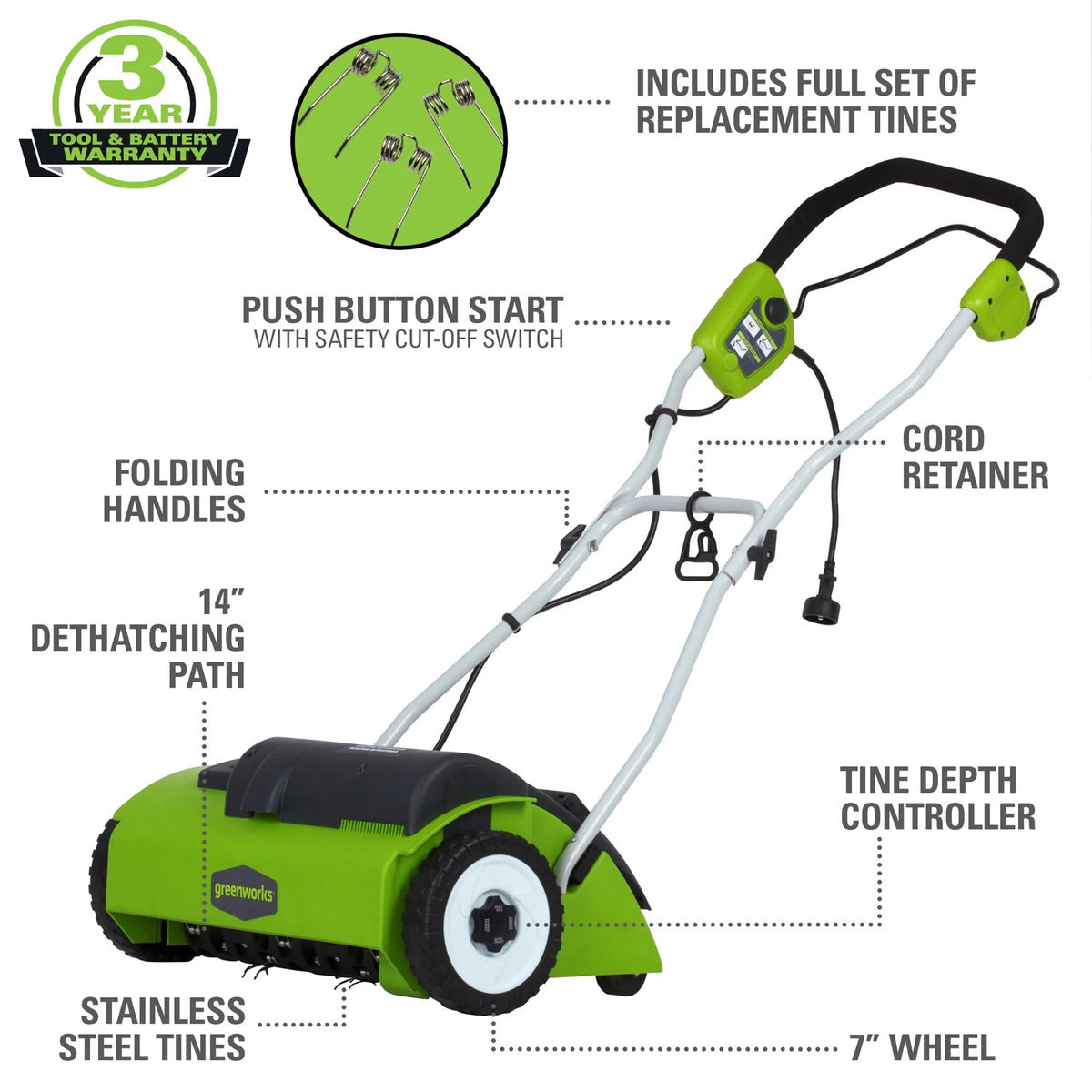 Greenworks 10 Amp 14-inch Corded Electric Dethatcher, 27022