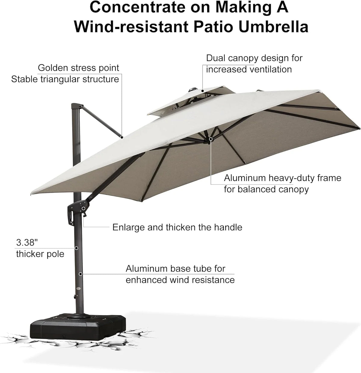 PURPLE LEAF Outdoor Cantilever Umbrella 10' X 13' Rectangle Umbrella Large Patio Umbrella Windproof Heavy Duty Hanging Offset Umbrella for Garden Outdoor Pool, Dark Grey