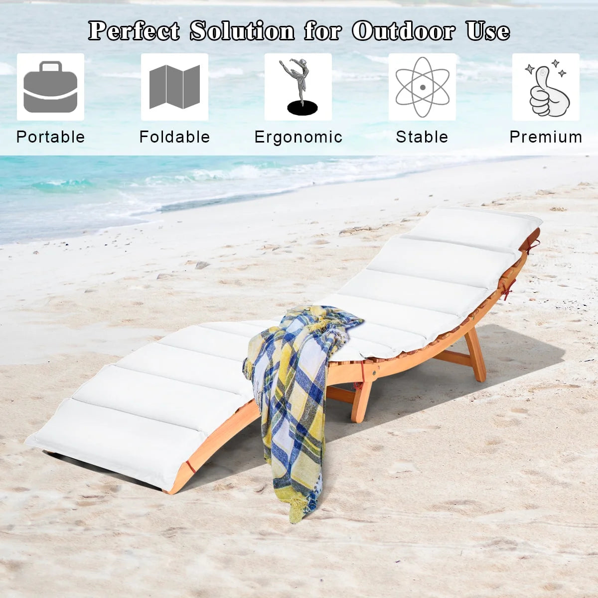 Costway Folding Wooden Outdoor Lounge Chair Chaise Red/White Cushion Pad Pool Deck