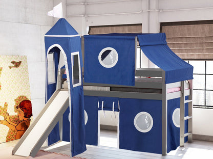 JACKPOT! Castle Low Loft Bed with Slide, Red Yellow and Blue Tent and Tower, Twin, Cherry
