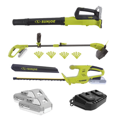 Sun Joe 24V Cordless Garden Combo Kit W/ Leaf Blower, Grass Trimmer, & Hedge Trimmer, 2 x 2.0-Ah Batteries + Charger