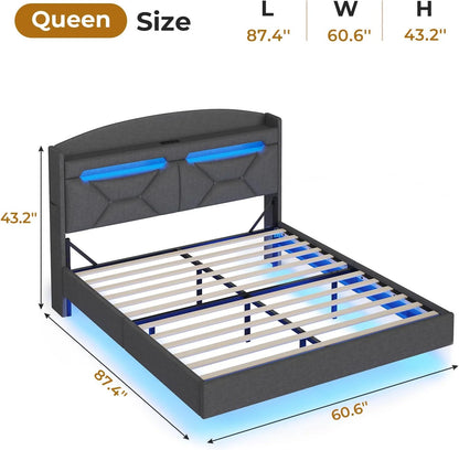 King Size Bed Frame with Storage Headboard and LED Lights,Upholstered Platform Bed with USB Port Charging,Headboard with Shelves Hidden Storage,Noise-Free,Dark Grey