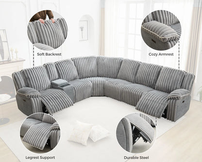 Power Reclining Sectional Sofa with Wireless Charger,6-Seater Faux Fur Sectional with Recliners,Hidden Cup Holders,Storage Console,USB & Type-C Ports,Black