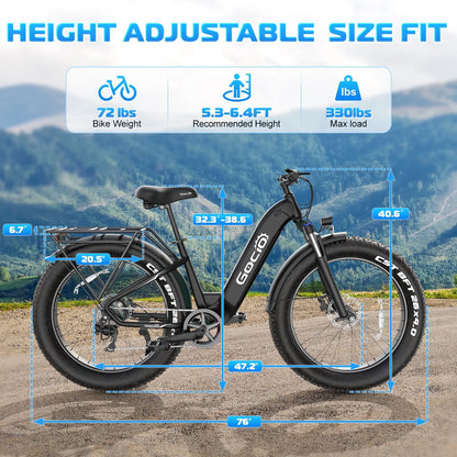 Gocio Electric Bike for Adults, 26" Fat Tire E-Mountain Bike, 1350W Peak Motor 48V 15Ah Battery, 22MPH 7-Speed Ebike for off Road, UL 2849