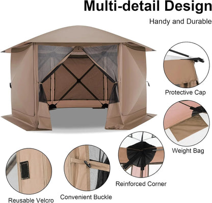 COBIZI 12'x12' Pop-up Gazebo Outdoor Camping Tent with 6 Sides Mosquito Netting, Waterproof, UV Resistant, Portable Screen House Room, Easy Set-up Party Tent with Carry bag, Ground Spike, Brown