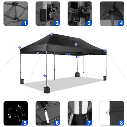 COBIZI 10x20 Heavy Duty Pop up Canopy Tent with 6 sidewalls Easy Up Commercial Outdoor Canopy Wedding Party Tent for Beach All Season Wind & Waterproof Gazebo with Roller Bag,Black(Frame Thickened)