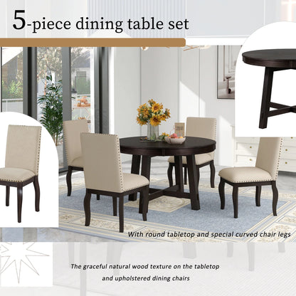 Harper & Bright Designs Round Extendable Dining Table Set for 4, 5 Piece Farmhouse Wood Dining Table Set with 4 Upholstered Dining Chairs, Natural Wood Wash