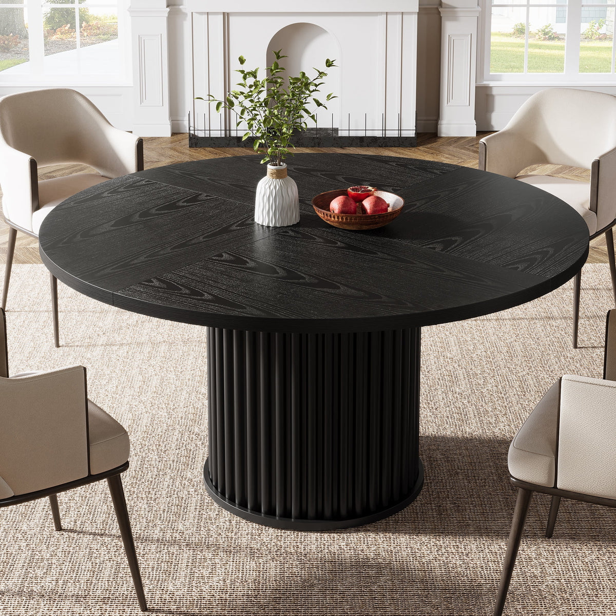 Tribesigns Black Round Dining Table for 4-6 People, 47.24-Inch Circle Wood Kitchen Table with Sturdy Fluted Metal Base, Modern Dining Room Furniture