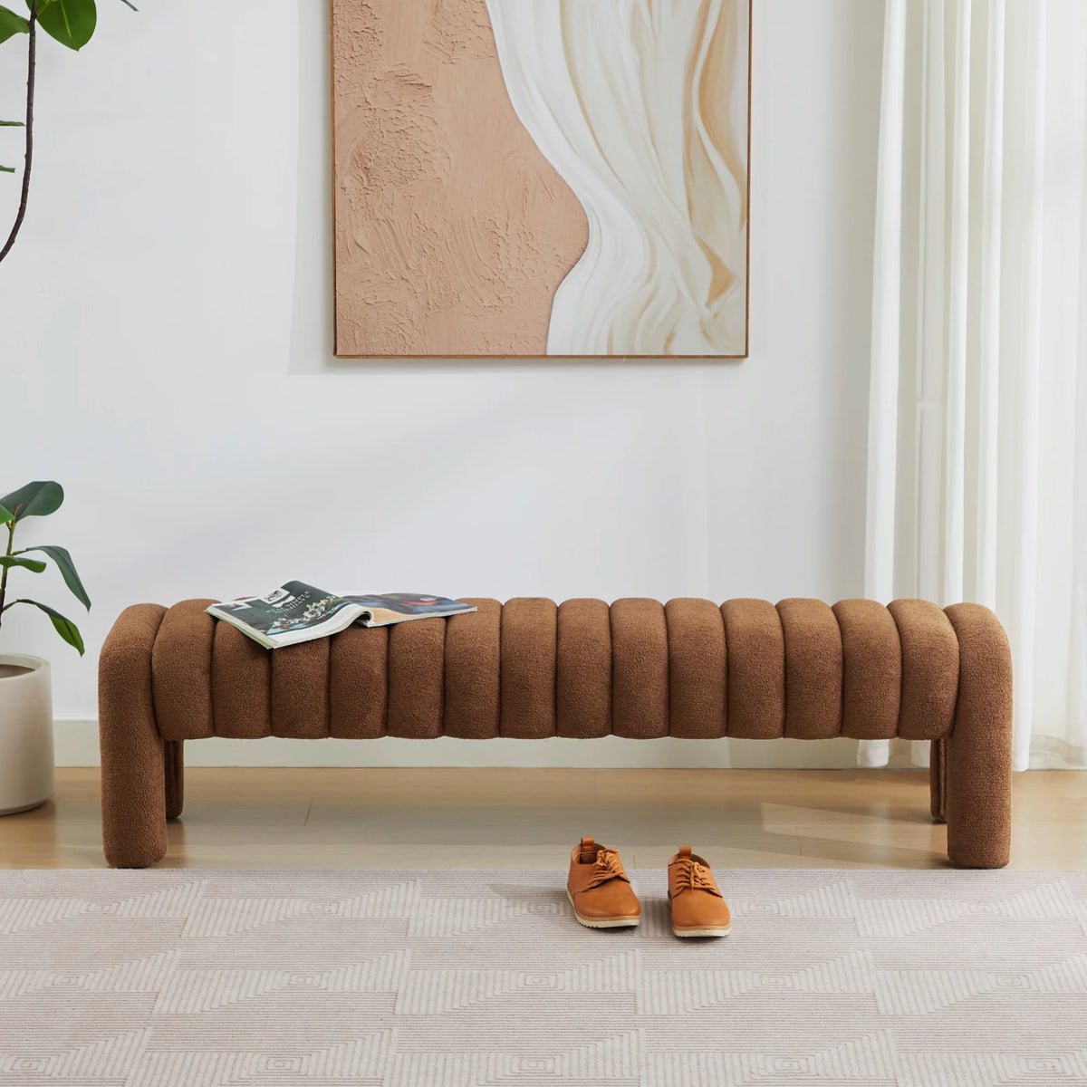 Zesthouse 63�� End of Bed Bench, Linen Tufted Upholstered Ottoman Bench with Padded Seat and Solid Wood Leg, Modern Entryway Bench for Bedroom, Living Room, Beige