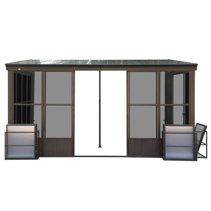 TOTAL Outdoor 10'x12' All-Season Sunroom Gazebo with Steel Roof, PVC Screen, Front & Side Door, Brown