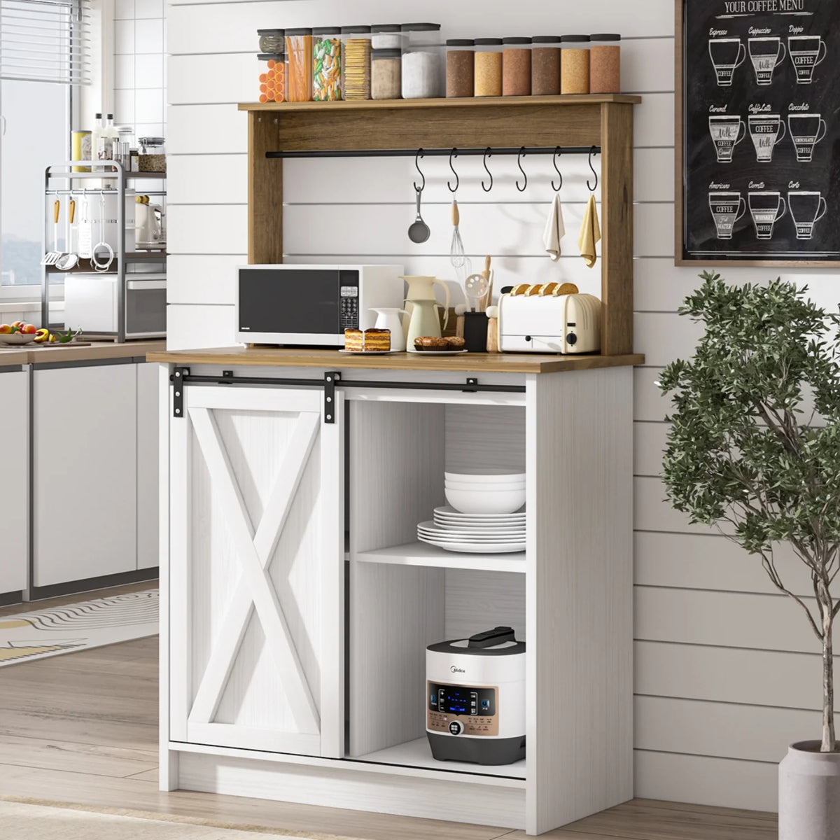 Catrimown Coffee Bar Cabinet, Barn Door Sideboard Buffet Cabinet with Storage, White