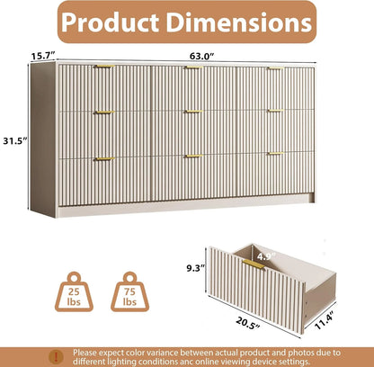 Furniway Fluted Large 9-Drawer Black Dresser