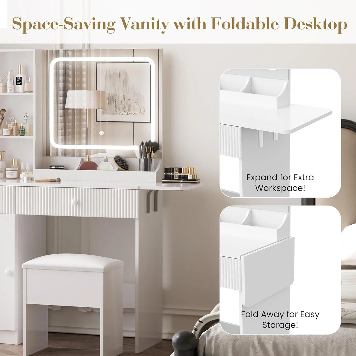 M optimized Vanity Desk with Mirror and Lights, Power Outlets Makeup Table with Drawers & Cabinet, Storage Stool, Dressing Table for Bedroom