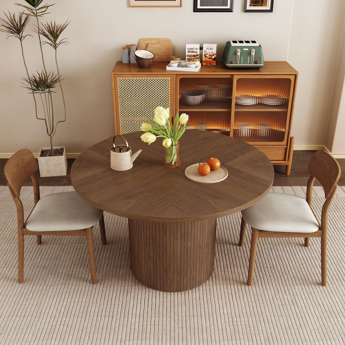 Wirrytor Round Dining Table, Modern Farmhouse Kitchen Table, 47 Inch Coffee Circle Dining Tables with Wood Strip Base for Kitchen Living Room, Black