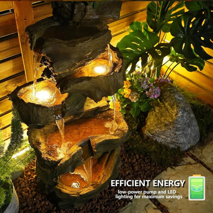 5-Tier Outdoor Rock Waterfall Fountain with LED Lights, Large Cascading Garden Water Feature for Patio, Porch, Yard