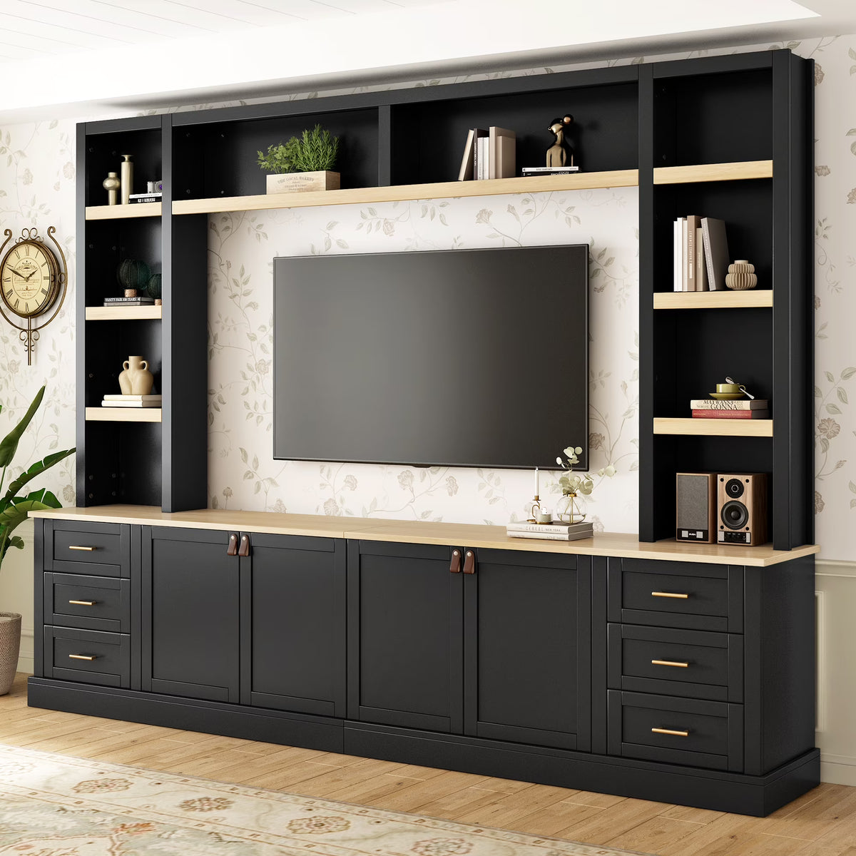 Euroco 102.3"W Farmhouse 4-Piece Entertainment Center Wall Unit with Adjustable Shelf, Modern Large TV Stand with Bookshelves