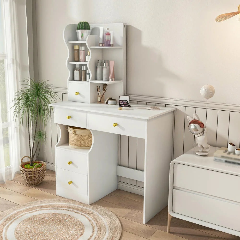 Kadyn Vanity Desk with Lighted Mirror, Vanity Table and Chair Set with 2 Drawers, Dressing Table Makeup Desk with 1 Door, Retro Gray