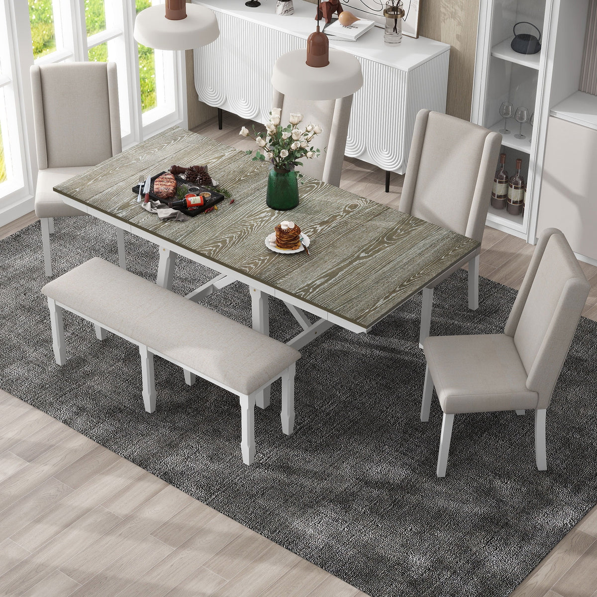 6 Piece Extendable Dining Table Set, Atumon Wood Dining Room Set for 6, Dining Table Set with 4 Beige Cushioned Chairs and Bench, Farmhouse Dining Table Set Furniture for Kitchen Dining Room, Natural