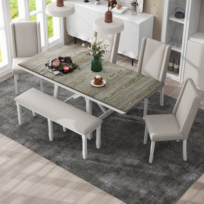 6 Piece Extendable Dining Table Set, Atumon Wood Dining Room Set for 6, Dining Table Set with 4 Beige Cushioned Chairs and Bench, Farmhouse Dining Table Set Furniture for Kitchen Dining Room, Natural