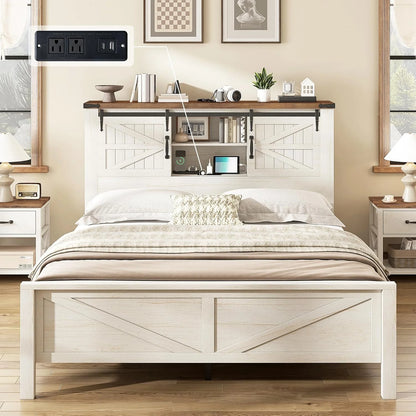 Merluxy Farmhouse Full Bed Frame with Storage Bookcase & Charging Station, Bedroom Furniture, Grey