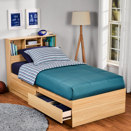 Your Zone Easy to Assemble Storage Bed with Bookcase Headboard, Twin, Natural Teak Finish