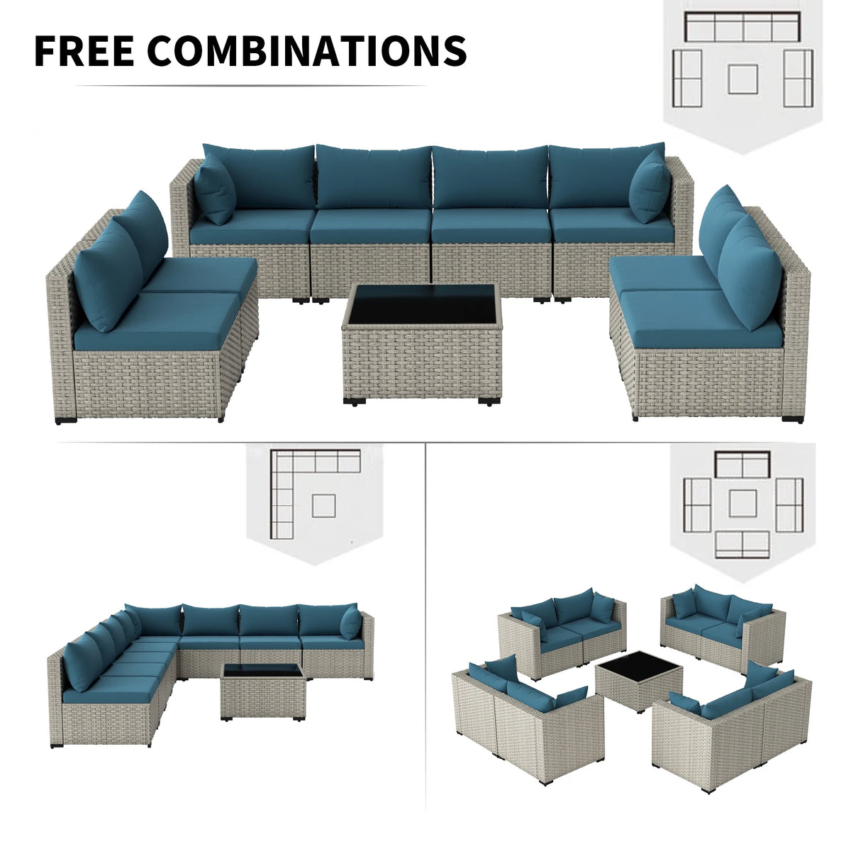 7 Pieces Patio Conversation Set, Outdoor Sectional PE Rattan Wicker Furniture Seat,Dark Gray