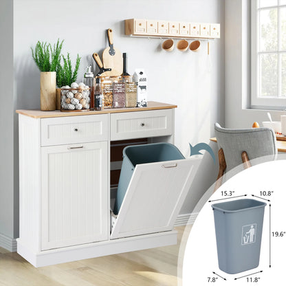 KIGOTY Dual Kitchen Trash Cabinet, Double Tilt Out Trash Can Cabinet with Countertop and Drawer, Free-Standing Pet Proof Recycling Cabinet Garbage Can Holder, Wood (White)