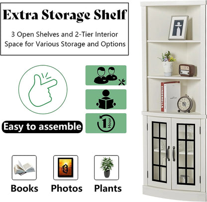 Merluxy Curved Corner Cabinet, 65" Wood Bookcase with 3 Shelves, Distressed White