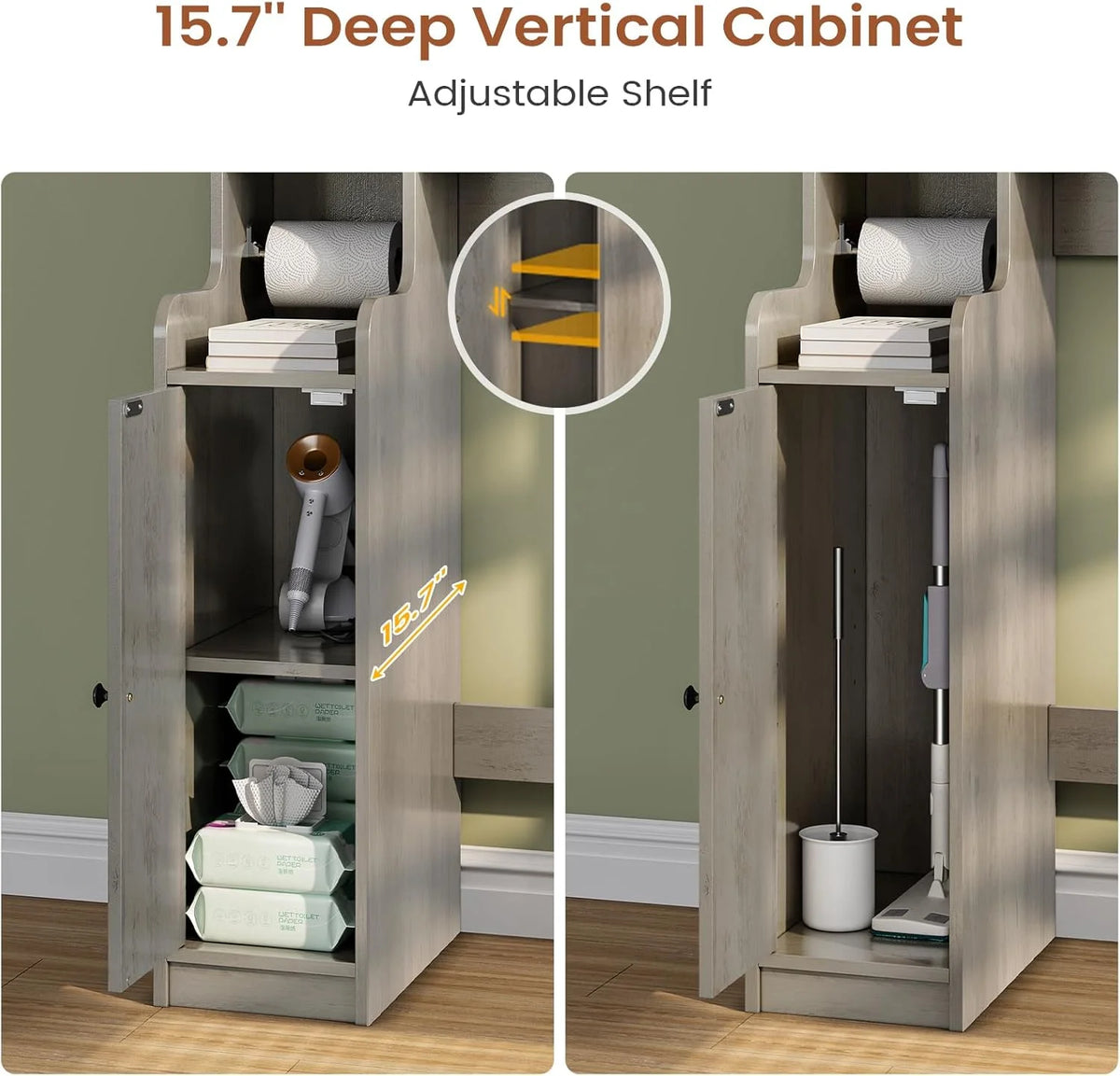 Over The Toilet Storage Cabinet with 3 Doors, Farmhouse Space Saver for Bathroom Organizer with Paper Holder, 10 Shelves and Hooks, 7-Tier Over Washing Machine Cabinet for Laundry, Bathroom, Natural