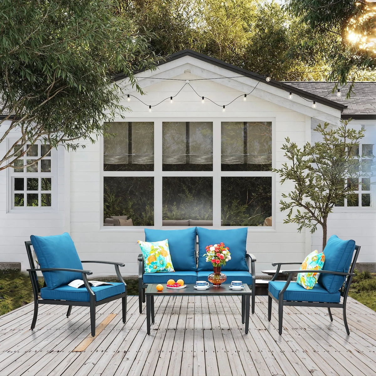 JOYURE 4 pieces Patio Furniture Set w/loveseat,Coffe Table,Outdoor Conversation Metal Sofa with High Back and Thick Cushion,for Backyard,Garden,Beige