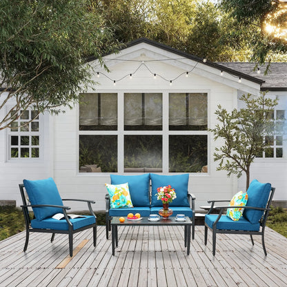 JOYURE 4 pieces Patio Furniture Set w/loveseat,Coffe Table,Outdoor Conversation Metal Sofa with High Back and Thick Cushion,for Backyard,Garden,Beige